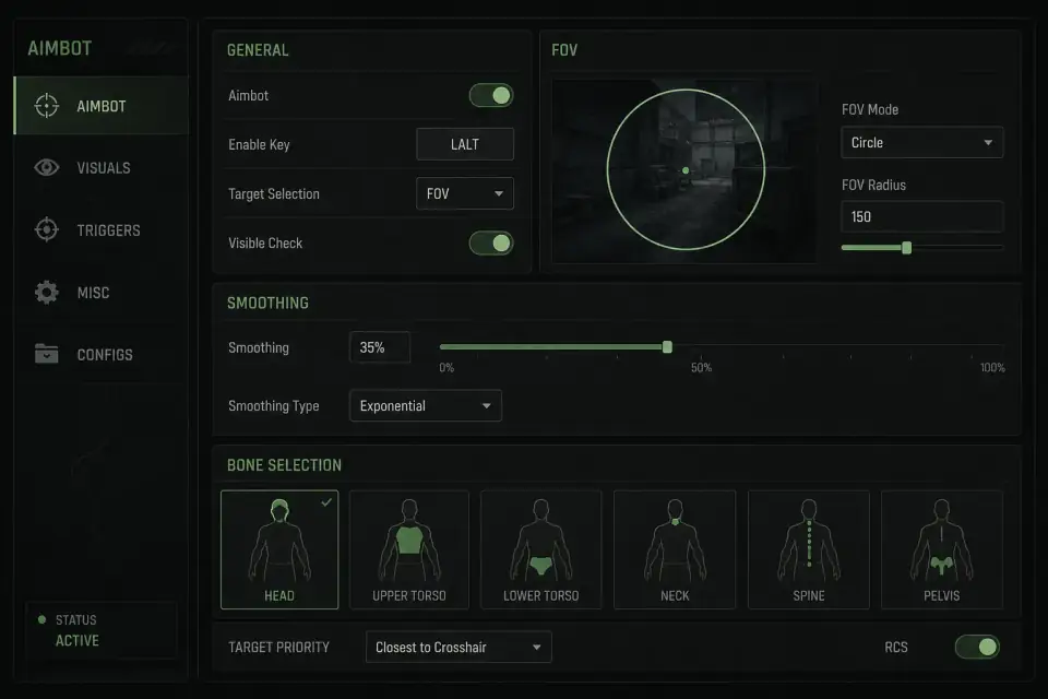 Bodycam aimbot settings panel for smoothing controls